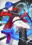  1girl belt black_footwear blue_hair breasts fangs foreshortening highres holding holding_sword holding_weapon ikurikaito jacket medium_breasts navel original red_jacket sheath short_hair snake standing standing_on_one_leg sword water weapon 