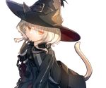  1girl akairoi-noa365 animal_ears arknights bangs belt_buckle black_dress buckle cat_ears cat_tail chain collar cuffs dress finger_to_mouth gloves hat haze_(arknights) platinum_blonde_hair short_hair tail witch_hat 