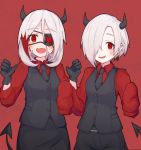  2girls :d alternate_eye_color alternate_hair_color black_gloves black_neckwear black_vest blush claw_pose collared_shirt cosplay demon_tail ear_piercing earrings eyebrows_visible_through_hair eyepatch fang gloves hair_over_one_eye hayasaka_mirei heart heart_eyepatch helltaker horns idolmaster idolmaster_cinderella_girls jewelry long_sleeves looking_at_viewer medium_hair multicolored_hair multiple_girls necktie open_mouth pery_lene piercing red_background red_eyes red_shirt redhead shirasaka_koume shirt short_hair simple_background skin_fang sleeves_past_fingers sleeves_past_wrists smile streaked_hair tail two-tone_hair vest white_hair wing_collar 