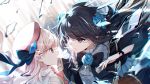  2girls arcaea bangs bison_cangshu black_bow black_dress black_eyes black_hair blue_flower blue_rose bow broken_glass brown_eyes closed_mouth commentary dress eye_contact eyebrows_visible_through_hair flower frills glass gloves hat highres hikari_(arcaea) long_hair long_sleeves looking_at_another multiple_girls profile rose silver_hair sketch smile tairitsu_(arcaea) white_gloves white_headwear 