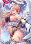  1girl :d akkijin angel angel_wings armpits bare_shoulders blonde_hair breasts center_opening clouds elbow_gloves feathered_wings floating_hair flower frills gloves gold_trim green_eyes hair_flower hair_ornament halo highleg large_breasts long_hair looking_at_viewer navel official_art open_mouth outstretched_arm revealing_clothes shinkai_no_valkyrie sideboob smile solo stomach thigh-highs thighs two_side_up waist_cape watermark white_gloves white_legwear wings 