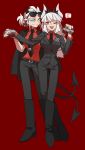  2girls belt boots breasts business_suit buttons crown demon_girl demon_horns demon_tail fang formal gloves grey_eyes helltaker highres holding_hands horns multiple_girls necktie red_background red_eyez short_hair suit suit_jacket sunglasses tail white_hair 