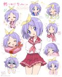  &gt;_&lt; 1girl :3 ? blush bow box cellphone chibi chocolate clenched_hands closed_eyes clown_222 commentary_request expressions green_shirt hair_bow hands_on_own_chest head_tilt heart-shaped_box hiiragi_tsukasa lucky_star open_mouth phone pink_shirt purple_hair red_skirt ribbon school_uniform serafuku shirt short_hair skirt smartphone smile solo striped striped_shirt sweatdrop tears translation_request valentine violet_eyes white_shirt 