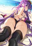  1girl :o ass bangs bare_shoulders bb_(fate)_(all) bb_(swimsuit_mooncancer)_(fate) beach bikini black_gloves black_legwear blush breasts day dutch_angle eyebrows_visible_through_hair fate/grand_order fate_(series) fingerless_gloves from_behind gloves hair_ribbon highres horizon large_breasts long_hair looking_at_viewer looking_back matsui_hiroaki micro_shorts ocean outdoors parted_lips purple_bikini purple_hair ribbon shorts sideboob sidelocks solo star_(symbol) swimsuit thigh-highs very_long_hair violet_eyes water_drop wet 