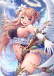  1girl :d akkijin angel angel_wings armpits bare_shoulders blonde_hair breasts center_opening clouds elbow_gloves feathered_wings floating_hair flower frills gloves gold_trim green_eyes hair_flower hair_ornament halo highleg large_breasts long_hair looking_at_viewer navel official_art open_mouth outstretched_arm revealing_clothes shinkai_no_valkyrie sideboob smile solo stomach thigh-highs thighs two_side_up waist_cape watermark white_gloves white_legwear wings 