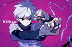  1boy absurdres bandaged_hands bandages blue_eyes character_name fami_(yellow_skies) grey_hair highres hunter_x_hunter killua_zoldyck long_sleeves looking_at_viewer male_focus messy_hair purple_background simple_background solo upper_body yo-yo 