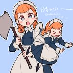  &gt;_&lt; 1girl annette_fantine_dominic axe blue_background blue_eyes do_m_kaeru fire_emblem fire_emblem:_three_houses holding holding_axe maid maid_headdress multiple_views open_mouth orange_hair simple_background twintails twitter_username 