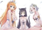  3girls ahoge animal_ears armlet black_choker black_hair black_ribbon blue_eyes blue_ribbon breasts cat_ears cat_tail choker closed_mouth dress eating eyebrows_visible_through_hair eyes_visible_through_hair flower green_eyes hair_between_eyes hair_flower hair_ornament karyl_(princess_connect!) kokkoro_(princess_connect!) large_breasts long_hair looking_at_viewer low_twintails medium_breasts multicolored_hair multiple_girls omgamilla orange_hair pecorine princess_connect! princess_connect!_re:dive red_eyes ribbon short_hair sitting small_breasts smile streaked_hair tail tiara twintails white_dress white_hair 
