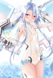  1girl arm_behind_head arm_up axe bare_shoulders battle_axe blue_hair blush choujigen_game_neptune covered_navel cowboy_shot elbow_gloves gloves grin hair_between_eyes hand_up holding holding_axe leotard looking_at_viewer neptune_(series) power_symbol ray_726 red_eyes short_hair_with_long_locks skin_tight smile symbol-shaped_pupils weapon white_heart white_legwear white_leotard wings 