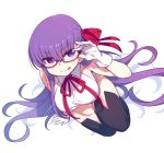  1girl bangs bare_shoulders bb_(fate)_(all) bb_(fate/extra_ccc) black_legwear blush breasts chan_co closed_mouth fate/extra fate/extra_ccc fate_(series) glasses gloves hair_ribbon large_breasts leotard long_hair looking_at_viewer neck_ribbon purple_hair red_ribbon ribbon simple_background smile solo thigh-highs tongue tongue_out very_long_hair violet_eyes white_background white_gloves white_leotard 