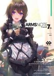  arms_note blouse blush book brown_hair commentary_request copyright_name curtains exoskeleton fukai_ryousuke gloves gun highres holding holding_book holstered_weapon indoors medium_hair rifle smile tosho_iinchou_(fukai_ryousuke) violet_eyes weapon white_blouse window 
