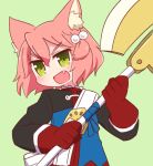  1girl 7th_dragon 7th_dragon_(series) :d animal_ear_fluff animal_ears axe bangs belt belt_buckle blue_jacket blush buckle cat_ears eyebrows_visible_through_hair fang gloves green_background green_eyes hair_between_eyes hair_bobbles hair_ornament harukara_(7th_dragon) highres holding holding_axe jacket long_sleeves looking_away naga_u one_side_up open_mouth pink_hair red_gloves simple_background smile solo two-handed upper_body v-shaped_eyebrows white_belt 