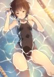  1girl amagami black_hair black_swimsuit breasts brown_eyes commentary_request competition_swimsuit eichan_(eichanidfi) looking_at_viewer mixed-language_commentary nanasaki_ai one-piece_swimsuit partially_submerged short_hair small_breasts solo swimsuit water 