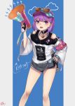  1girl absurdres bare_shoulders black_choker breasts choker cowboy_shot eyebrows_visible_through_hair eyewear_on_head fate/grand_order fate_(series) helena_blavatsky_(fate/grand_order) heroic_spirit_festival_outfit highres holding_megaphone huge_filesize looking_at_viewer megaphone peppertomo purple_hair short_shorts shorts small_breasts solo sunglasses thighs violet_eyes visor_cap white_sleeves wide_sleeves 