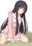  1girl black_hair blush bow bowtie breasts brown_eyes closed_mouth collarbone houraisan_kaguya leaning_forward long_hair long_sleeves looking_at_viewer pink_shirt shirt shiseki_hirame simple_background sitting small_breasts smile thighs touhou wariza white_background white_bow 