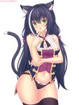  1girl animal_ear_fluff animal_ears ass_visible_through_thighs bangs bare_arms bare_shoulders black_hair black_legwear black_panties blush bow bow_panties breasts cat_ears cat_girl cat_tail commentary english_commentary eyebrows_visible_through_hair fang fast-runner-2024 finger_to_mouth green_eyes hair_between_eyes hair_bow hand_up highres index_finger_raised karyl_(princess_connect!) long_hair low_twintails medium_breasts multicolored_hair navel no_detached_sleeves no_pants panties parted_lips princess_connect! princess_connect!_re:dive purple_bow shirt simple_background sleeveless sleeveless_shirt solo streaked_hair tail tail_raised thigh-highs twintails underwear very_long_hair watermark web_address white_background white_hair white_shirt 