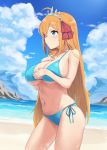  1girl ahoge alternate_costume bangs bare_arms bare_shoulders beach bikini blue_bikini blue_eyes blue_sky blush braid breasts chagama_teishoku clouds commentary_request cowboy_shot day eyebrows_visible_through_hair groin hair_ribbon halterneck hand_on_own_chest highres large_breasts long_hair ocean orange_hair outdoors parted_lips pecorine princess_connect! princess_connect!_re:dive red_ribbon ribbon sand side-tie_bikini side_braid sky solo standing string_bikini sweat swimsuit tiara very_long_hair 