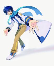  1boy belt blue_eyes blue_hair blue_scarf brown_pants coat commentary derivative_work english_commentary foreshortening full_body headset highres kaito leaning_forward looking_at_viewer male_focus open_mouth outstretched_arms pants scarf shadow shoes smile sneakers vocaloid vocaloid_boxart_pose white_background white_coat xhinokox78 