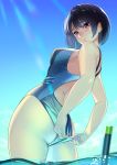 1girl absurdres adjusting_clothes adjusting_swimsuit ass black_hair blurry blush breasts commentary_request competition_swimsuit depth_of_field from_below highres kagematsuri looking_down one-piece_swimsuit original short_hair sideboob snorkel solo swimsuit twitter_username violet_eyes wading 