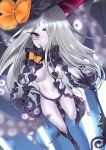  1girl abigail_williams_(fate/grand_order) absurdres artist_request bangs bare_shoulders black_bow black_headwear black_panties blue_background blurry bow breasts depth_of_field fate/grand_order fate_(series) forehead glowing glowing_eye gradient gradient_background grin hat highres key keyhole legs long_hair multiple_bows navel orange_bow panties parted_bangs pink_eyes sharp_teeth small_breasts smile staff teeth tentacles third_eye underwear white_hair white_skin witch_hat 