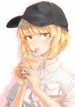  1girl baseball_cap black_headwear blonde_hair breast_pocket bubble_tea collared_shirt commentary cup drinking drinking_straw drinking_straw_in_mouth hat highres holding holding_cup looking_at_viewer matsunaga777 pocket shirt short_hair simple_background solo uchi_emiri upper_body watashi_ga_motenai_no_wa_dou_kangaetemo_omaera_ga_warui! white_background white_shirt yellow_eyes 