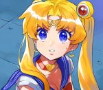  1girl bishoujo_senshi_sailor_moon blonde_hair blue_eyes blue_sailor_collar bow choker circlet clenched_teeth collarbone commentary_request crescent crescent_earrings derivative_work double_bun earrings hair_over_shoulder heart heart_choker jewelry long_hair mogamiya_honu red_bow red_choker sailor_collar sailor_moon sailor_moon_redraw_challenge sailor_senshi_uniform screencap_redraw solo teeth tile_floor tiles tsukino_usagi upper_body 