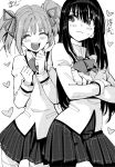  2girls ^_^ akemi_homura black_eyes black_hair black_hairband black_legwear black_skirt blush bonkara_(sokuseki_maou) clenched_hands closed_eyes closed_mouth cowboy_shot crossed_arms dot_nose excited eyebrows_visible_through_hair greyscale hair_between_eyes hair_ribbon hairband hands_up happy heart high_collar juliet_sleeves kaname_madoka legs_apart long_hair long_sleeves looking_at_another looking_to_the_side mahou_shoujo_madoka_magica mitakihara_school_uniform monochrome multiple_girls neck_ribbon nervous open_mouth pantyhose pleated_skirt puffy_sleeves ribbon school_uniform shiny shiny_hair short_twintails sidelocks simple_background skirt smile standing sweatdrop teeth thigh-highs translation_request twintails uniform upper_teeth wavy_mouth white_background white_legwear zettai_ryouiki 