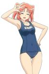  1girl 2014 ^_^ armpits blue_swimsuit blush chestnut_mouth closed_eyes covered_navel female hand_on_hip looking_at_viewer mikakunin_de_shinkoukei name_tag open_mouth pink_hair school_swimsuit solo swimsuit w yonomori_kobeni 