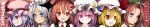  6+girls :/ :d absurdres bangs bat_wings beret blue_eyes blue_hair blunt_bangs blush bow braid bright_pupils copyright_name crescent crescent_moon_pin expressionless eyebrows_visible_through_hair fang flandre_scarlet futatsuki_eru gradient gradient_background grin hair_between_eyes hat hat_bow head_wings highres hong_meiling izayoi_sakuya koakuma long_hair long_image looking_at_viewer looking_to_the_side maid maid_headdress mob_cap multiple_girls necktie open_mouth patchouli_knowledge pointy_ears purple_hair red_eyes red_neckwear remilia_scarlet short_hair sidelocks silver_hair simple_background skin_fang slit_pupils smile star_(symbol) the_embodiment_of_scarlet_devil touhou twin_braids upper_body vest violet_eyes white_pupils wide_image wings 