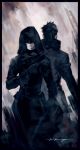  2boys back-to-back black_blindfold black_gloves black_hair blindfold building closed_mouth dual_wielding frown gloves gun holding holding_gun holding_weapon hood multiple_boys nier_(series) nier_automata signature standing v8 weapon 