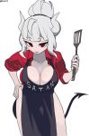  1girl aiki_firstw1 bangs breasts demon_girl demon_horns demon_tail firstw1 gloves helltaker horns long_hair looking_at_viewer lucifer_(helltaker) mole mole_under_eye red_eyes solo tail white_hair white_horns 