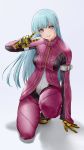  1girl bangs blue_hair bodysuit breasts gloves highres kula_diamond long_hair simple_background squatting the_king_of_fighters turtleneck v x_chitch 