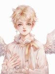  1boy angel angel_wings bangs blonde_hair blue_eyes cross cross_earrings earrings frilled_sleeves frills highres jewelry kagamine_len long_sleeves male_focus neck_ribbon parted_lips ribbon simple_background single_earring solo tency traditional_media upper_body vocaloid watercolor_(medium) white_background white_robe white_wings wings yellow_ribbon 