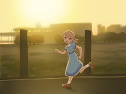  1girl bangs blue_dress brown_eyes brown_footwear brown_hair building dress eyebrows_visible_through_hair idolmaster idolmaster_cinderella_girls long_hair looking_away looking_back mary_janes morikubo_nono open_mouth outdoors puffy_short_sleeves puffy_sleeves road running shoes short_sleeves socks solo sunset sweat tree ushi white_legwear 