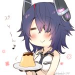  1girl =_= artist_name bare_shoulders black_gloves blush checkered checkered_neckwear chibi commentary eyepatch fingerless_gloves food gloves kantai_collection kotobuki_(momoko_factory) necktie one_eye_closed pudding purple_hair short_hair signature smile tenryuu_(kantai_collection) translated twitter_username 