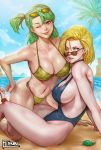  android_18 bikini blonde_hair blue_hair blue_sky breasts bulma camouflage camouflage_bikini dragon_ball dragon_ball_z heart heart_eyes hibren highres large_breasts looking_at_viewer muten_roushi one-piece_swimsuit sand side-tie_bikini sideboob sky smile sunglasses swimsuit tongue tongue_out turtle 