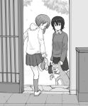  2girls casual dog door doorway girls_und_panzer greyscale hood hoodie monochrome multiple_girls mutsu_(layergreen) nishizumi_maho nishizumi_miho pleated_skirt short_hair skirt 