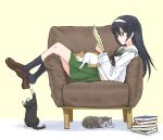  1girl animal_on_lap ankle_socks armchair black_hair black_legwear brown_eyes cat cat_on_lap chair girls_und_panzer green_skirt headband kneehighs loafers long_hair midriff_peek mutsu_(layergreen) ooarai_school_uniform reading reizei_mako school_uniform serafuku shoe_dangle shoes sitting_sideways skirt solo white_headband yellow_background 