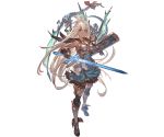  1girl armor armored_boots armored_dress boots breastplate breasts dark_skin dragon energy_sword gloves granblue_fantasy granblue_fantasy_versus greaves long_hair medium_breasts minaba_hideo official_art red_eyes shield skirt sword very_long_hair weapon white_hair zooey_(granblue_fantasy) 
