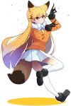  1girl absurdres animal_ears black_footwear black_fur bow bowtie brown_hair commentary_request extra_ears eyebrows_visible_through_hair ezo_red_fox_(kemono_friends) fox_ears fox_girl fox_shadow_puppet fox_tail fur_trim highres jacket kemono_friends long_hair long_sleeves multicolored_hair necktie orange_hair orange_jacket orange_neckwear pantyhose pleated_skirt shoes skirt solo standing standing_on_one_leg tail takosuke0624 white_hair white_legwear white_neckwear white_skirt yellow_eyes 