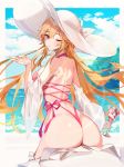  1girl absurdres ass azur_lane backless_swimsuit bare_shoulders blonde_hair breasts clouds day from_behind hand_up hat highres holding large_breasts long_hair looking_at_viewer looking_back munseonghwa ocean off_shoulder one-piece_swimsuit one_eye_closed outdoors parfait pink_swimsuit red_eyes richelieu_(azur_lane) richelieu_(flagship_in_the_sea_breeze)_(azur_lane) solo sun_hat swimsuit very_long_hair white_headwear 