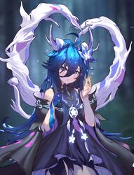  1girl 1nfb absurdres ahoge blue_eyes blue_hair bracelet dress elsword flower hair_between_eyes hair_flower hair_ornament highres horns jewelry long_hair looking_at_viewer nisha_(elsword) nisha_labyrinth_(elsword) off_shoulder solo very_long_hair 