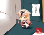  1boy 1girl =_= admiral_(kantai_collection) artist_name black_ribbon black_serafuku black_skirt blonde_hair chibi closed_eyes commentary_request full_body hair_flaps hair_ornament hair_ribbon hairclip kantai_collection long_hair minigirl neckerchief pleated_skirt punching red_neckwear remodel_(kantai_collection) ribbon sailor_collar scarf school_uniform serafuku skirt standing taisa_(kari) white_sailor_collar white_scarf yuudachi_(kantai_collection) 