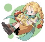  1girl aqua_cape bianca black_footwear blonde_hair blue_eyes braid cape closed_mouth dragon_quest dragon_quest_v dress earrings full_body jamir jewelry killer_panther long_hair orange_dress petting smile twin_braids 