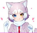  1girl :3 animal_ears blue_eyes blush closed_mouth dog_(mixed_breed)_(kemono_friends) dog_ears dog_tail elbow_gloves eyebrows_visible_through_hair gloves grey_hair heart heterochromia highres kemono_friends looking_at_viewer multicolored_hair short_hair short_sleeves smile solo tail takosuke0624 tongue tongue_out two-tone_hair upper_body white_gloves white_hair yellow_eyes 
