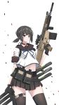  1girl absurdres adapted_costume assault_rifle black_eyes black_gloves black_hair black_sailor_collar black_skirt character_name contrapposto cowboy_shot fn_scar fubuki_(kantai_collection) gloves gun handgun highres holster kantai_collection looking_at_viewer low_ponytail pistol pleated_skirt ponytail remodel_(kantai_collection) rifle rynn_(user_rkgs8583) sailor_collar school_uniform serafuku short_ponytail sidelocks simple_background skirt solo stanag_magazine standing thigh-highs vertical_foregrip weapon weapon_request white_background 