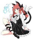  1girl :3 animal_ears bare_legs black_bow black_dress black_footwear black_neckwear black_ribbon bow braid cat_ears cat_girl cat_tail chups dress eyebrows_visible_through_hair fang frilled_dress frills hair_bow highres hitodama kaenbyou_rin long_sleeves looking_at_viewer maid_dress multiple_tails neckwear red_eyes red_nails redhead ribbon sleeves solo tail touhou twin_braids two_tails white_background white_frills white_sleeves 