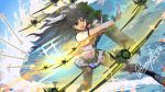  1girl aircraft airplane armor arrow_(projectile) asymmetrical_gloves black_hair black_legwear blue_eyes blue_sky blush clouds commentary_request day fingerless_gloves flight_deck fundoshi furisode gloves hair_between_eyes hair_ornament hair_ribbon highres japanese_clothes kantai_collection katsuragi_(kantai_collection) kimono long_hair looking_at_viewer midriff navel ocean open_mouth outdoors pleated_skirt ponytail remodel_(kantai_collection) ribbon shinmai_(kyata) skirt sky thigh-highs turret white_ribbon 