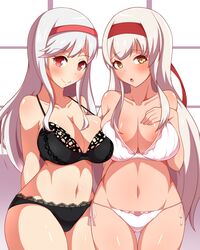  2girls anna_(sennen_sensou_aigis) arms_behind_back ass_visible_through_thighs asymmetrical_docking black_panties breast_press breasts hami_gakko hand_up headband highres kantai_collection large_breasts lingerie long_hair look-alike multiple_girls navel panties red_eyes red_headband sennen_sensou_aigis shoukaku_(kantai_collection) side-tie_panties sidelocks smile standing underwear white_panties yellow_eyes 