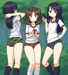  3girls :&lt; black_eyes black_hair black_legwear blue_buruma blurry blurry_background breasts brown_eyes brown_hair buruma camouflage camouflage_trim cellphone closed_mouth collarbone commentary flat_chest green_buruma gym_shirt gym_uniform half-closed_eyes hand_on_hip holding holding_phone interlocked_fingers kneehighs kneepits long_hair looking_at_viewer maruput medium_breasts medium_hair multiple_girls original outdoors phone print_buruma red_buruma shirt short_sleeves smartphone socks tree two_side_up white_legwear white_shirt 